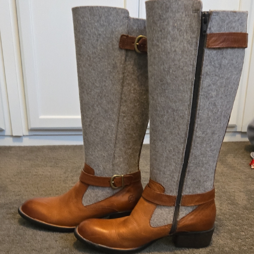 Born Women's Two-Tone Tall Riding Boots - Gray & Brown Wool And Leather